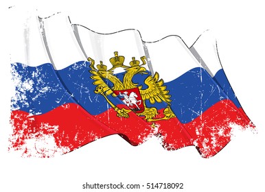 Grunge Vector Illustration of a Russian waving State Flag(with the eagle ensign). All elements neatly organized. Texture, Lines, Shading & Flag Colors on separate layers for easy editing.