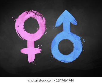 Grunge vector illustration set of gender symbols isolated on blackboard background with piece of chalk.