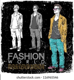 Grunge vector illustration of stylish dude on black background.