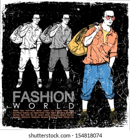 Grunge vector illustration of stylish dude on black background.