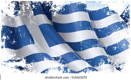 Grunge Vector Illustration of a waving Greek flag.