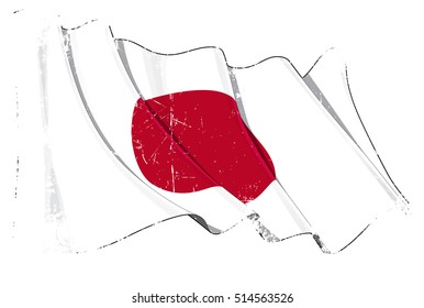 Grunge Vector Illustration of a waving Japanese flag. All elements neatly organized. Texture, Lines, Shading & Flag Colors on separate layers for easy editing.