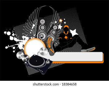 Grunge la ilustración vectorial con jóvenes y altavoces. Concepto musical.
