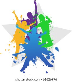 Grunge vector illustration, young people jumping against spray paint elements.