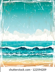 Grunge vector landscape - turquoise sea with waves and sandy beach on a blue sky with white clouds