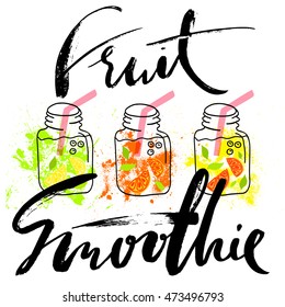 Grunge vector lettering and colorful organic drinks with glass bottles. Fruit smoothies poster.