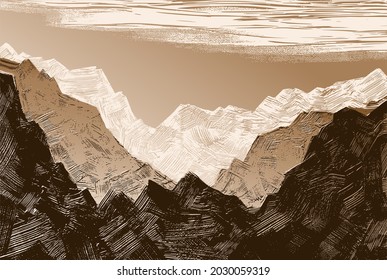 Grunge vector mountains, vintage landscape artwork, painting on canvas. Engraving, brush texture. Abstract grungy sepia background, hand drawn cover, backdrop