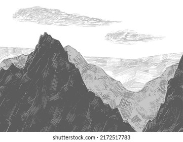 Grunge vector mountains, vintage landscape artwork, painting on canvas. Engraving, brush texture. Abstract grungy background, hand drawn cover, backdrop
