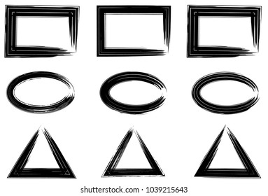Grunge vector ovals, triangles and rectangles. Brush strokes set.