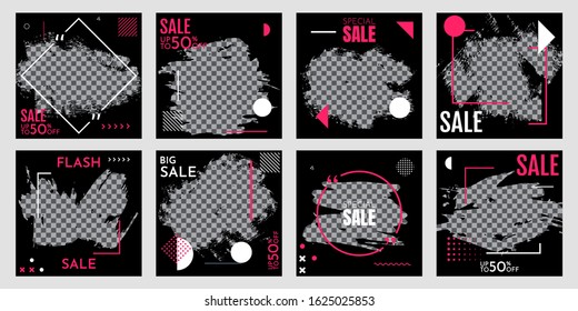 Grunge vector overlay. Banner design. Fashion sale promotion and digital marketing. Hand drawn abstract frame with Memphis pattern elements. Ink brush strokes mess. Black poster with pink frame