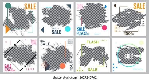 Grunge vector overlay. Banner design. Fashion sale promotion and digital marketing. Hand drawn abstract frame with Memphis pattern elements. Ink brush strokes mess. White poster with color frame