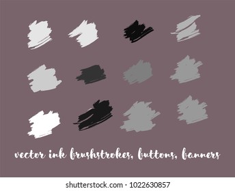Grunge Vector Painted Buttons Set. Modern Splats, Ink Banners, Hand Painted Smears. Trendy Grunge Ads Backgrounds, Vintage Doodle Textures. Textured Borders, Paint Vector Brushstrokes Set.