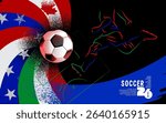Grunge vector poster for Soccer Tournament 2026 featuring dynamic brush textures, a stylized football player in motion, and national flags of Canada, Mexico, and the USA