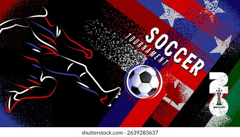 Grunge vector poster for Soccer Tournament 2026 featuring dynamic brush textures, a stylized football player in motion