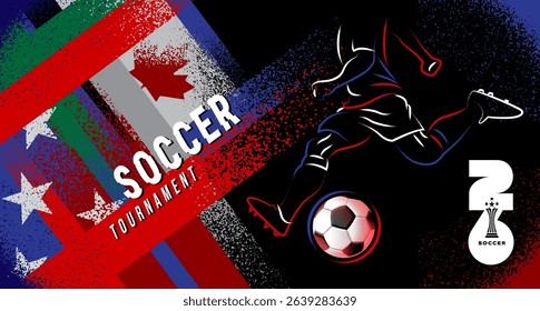 Grunge vector poster for Soccer Tournament 2026 featuring dynamic brush textures, a stylized football player in motion