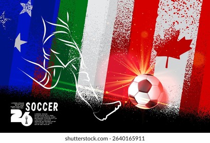 Grunge vector poster for Soccer Tournament 2026 featuring dynamic brush textures, a stylized football player in motion, and national flags of Canada, Mexico, and the USA