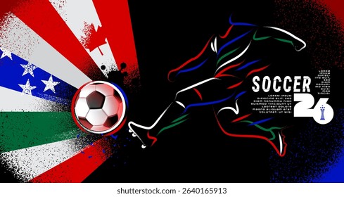 Grunge vector poster for Soccer Tournament 2026 featuring dynamic brush textures, a stylized football player in motion, and national flags of Canada, Mexico, and the USA