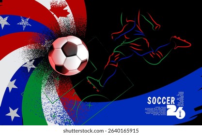 Grunge vector poster for Soccer Tournament 2026 featuring dynamic brush textures, a stylized football player in motion, and national flags of Canada, Mexico, and the USA