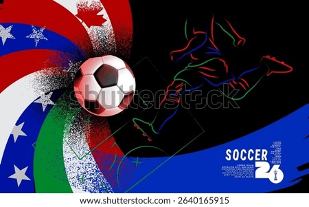 Grunge vector poster for Soccer Tournament 2026 featuring dynamic brush textures, a stylized football player in motion, and national flags of Canada, Mexico, and the USA