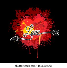 Grunge vector red heart drawing with arrow of love and colorful yellow splashes,paint drips on black background.Love symbol in graffiti style.Greeting card for Valentine`s day.Explosion of feelings.