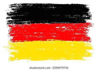 Grunge vector representation of the German flag with rough brush strokes and a distressed texture. The black, red, and yellow colors are hand-painted, creating a bold. For posters, banners.