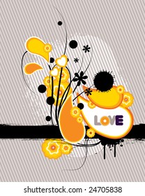 grunge vector retro flower design with love word, isolated on striped background