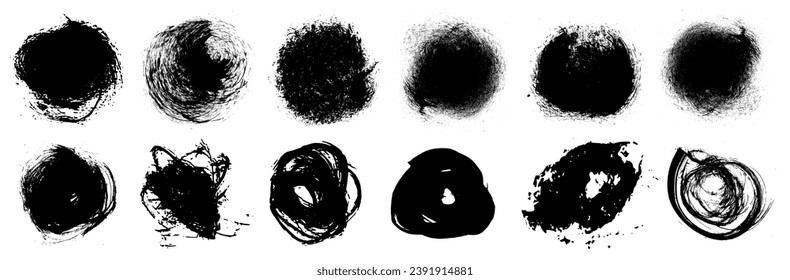 Grunge vector round brush painted circles. Grungy rough ink blot shape scribbles. Punk style dirty splash brushstroke background textures. High definition trace brush stroke elements. Watercolor art