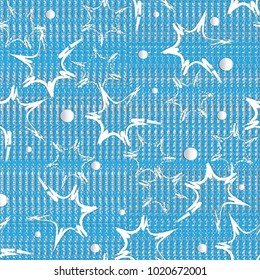 Grunge vector seamless pattern. Abstract blue and white geometric background with doodle stars, vertical stripes, shapes,  dotted lines, polka dots, circles. Surface texture. Luxury design for fabric