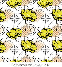 Grunge vector seamless pattern with explosion, sight, dots. Colorful background in grungy textured print for sport textile, clothes, wrapping paper. Chaotic ornament