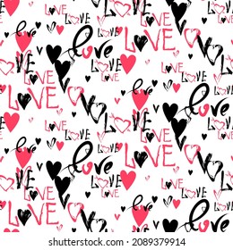 Grunge vectorial sin fisuras con corazones pintados a mano y palabras amadas. Ilustración dibujada a mano para el papel de envoltura del día de San Valentín o fondo de la tarjeta de invitación a la boda en colores rosa, negro y blanco