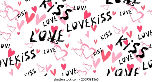 Grunge vector seamless pattern with hand painted hearts and words love. Hand drawn illustration for valentines day wrapping paper or wedding invitation card background in pink, black and white colors