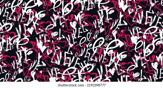 Grunge vector seamless pattern with hand painted hearts and words love. Hand drawn illustration for valentines day wrapping paper or wedding invitation card background in pink, black and white colors