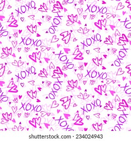 Grunge vector seamless pattern with hand painted hearts and words love. Bright pink ditsy print for valentines day wrapping paper or wedding invitation card background