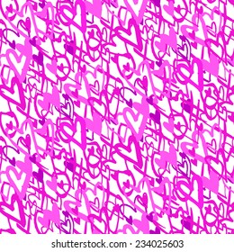 Grunge vector seamless pattern with hand painted hearts and words xoxo. Bright pink bold print for valentines day wrapping decor or wedding invitation card background