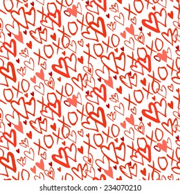 Grunge vector seamless pattern with hand painted hearts and words xoxo. Bright red bold print for valentines day wrapping paper decor or wedding invitation card background