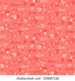Grunge vector seamless pattern with hand painted hearts and words love. Bright red ditsy print for valentines day wrapping paper decor or wedding invitation card background