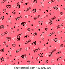 Grunge vector seamless pattern with hand painted hearts and letters love. Bright pink ditsy print for valentines day wrapping paper decor or wedding invitation card background