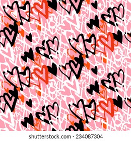 Grunge vector seamless pattern with hand painted hearts and words xoxo. Bright bold print for valentines day wrapping paper or wedding invitation card background in red, pink, black and white colors