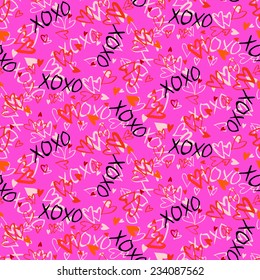 Grunge vector seamless pattern with hand painted hearts and words xoxo. Bright ditsy print for valentines day wrapping paper decor or wedding invitation card background in white, black and pink colors