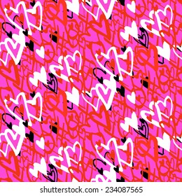 Grunge vector seamless pattern with hand painted hearts and words xoxo. Bright bold print for valentines day wrapping paper or wedding invitation card background in red, pink, black and white colors