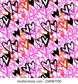 Grunge vector seamless pattern with hand painted hearts and words xoxo. Bright bold print for valentines day wrapping paper or wedding invitation card background in red, pink, black and white colors