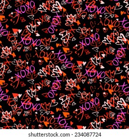 Grunge vector seamless pattern with hand painted hearts and words xoxo. Ditsy print for valentines day wrapping paper decor or wedding invitation card background in white, black and red colors