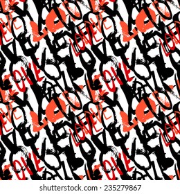 Grunge vector seamless pattern with hand painted words love. Bold typographic and calligraphic print for valentines day wrapping paper or wedding invitation card background in black, white, red colors