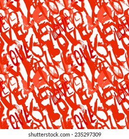 Grunge vector seamless pattern with hand painted hearts and words love. Bright red bold print for valentines day wrapping paper decor or wedding invitation card background