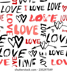 Grunge vector seamless pattern with hand painted hearts and words love. Bright bold print for valentines day wrapping paper or wedding invitation card background in red, black and white colors
