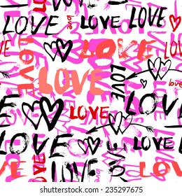 Grunge vector seamless pattern with hand painted hearts and words love. Bright bold print for valentines day wrapping paper or wedding invitation card background in red, pink, black and white colors