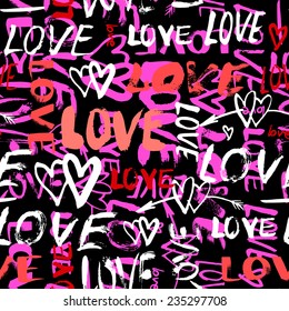 Grunge vector seamless pattern with hand painted hearts and words love. Bright bold print for valentines day wrapping paper or wedding invitation card background in red, pink, black and white colors