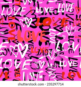 Grunge vector seamless pattern with hand painted hearts and words love. Bright bold print for valentines day wrapping paper or wedding invitation card background in red, pink, black and white colors