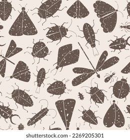 Grunge vector seamless pattern with vintage insects silhouette. Moth, butterfly, dragonfly, ant, ladybug.