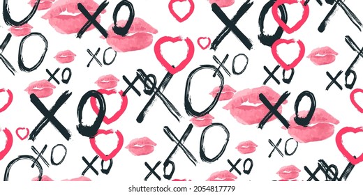 Grunge vector seamless pattern with XOXO hand written phrase, hearts isolated on white. Hugs and kisses sign. Modern ink calligraphy. Illustration design for Valentines Day, wedding invitation card